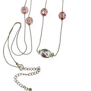 Fashion Necklace Round Faceted Pink Stations Oval White Porcelain Roses Romantic
